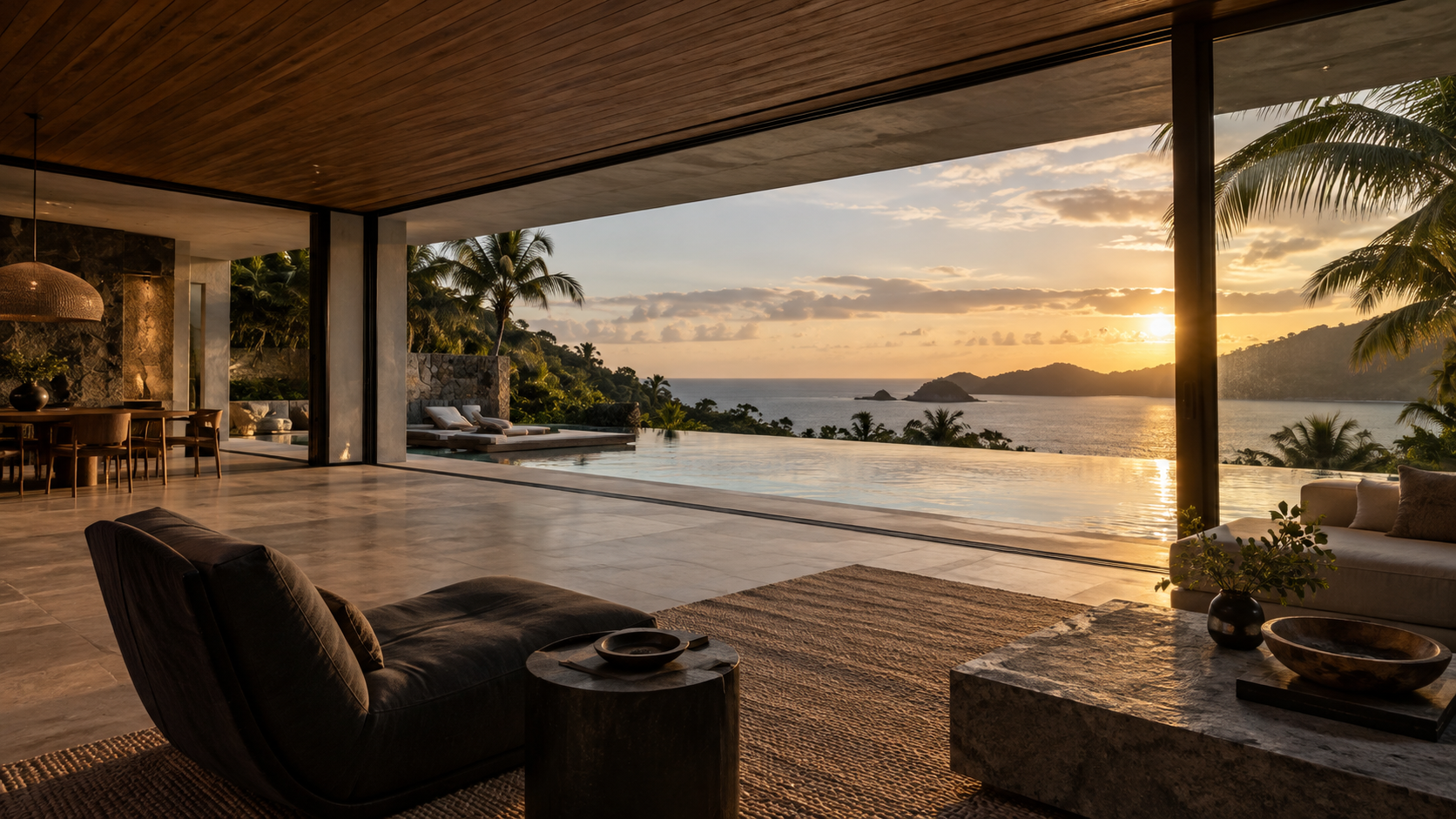 Inside a tropical villa overlooking an infinity pool and the ocean